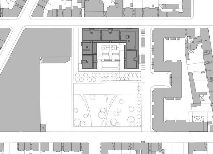 Im Lageplan deutlich zu sehen ist der Innenhof mit der angrenzenden Parkanlage.Grafik: Karl Dudler Architekten
